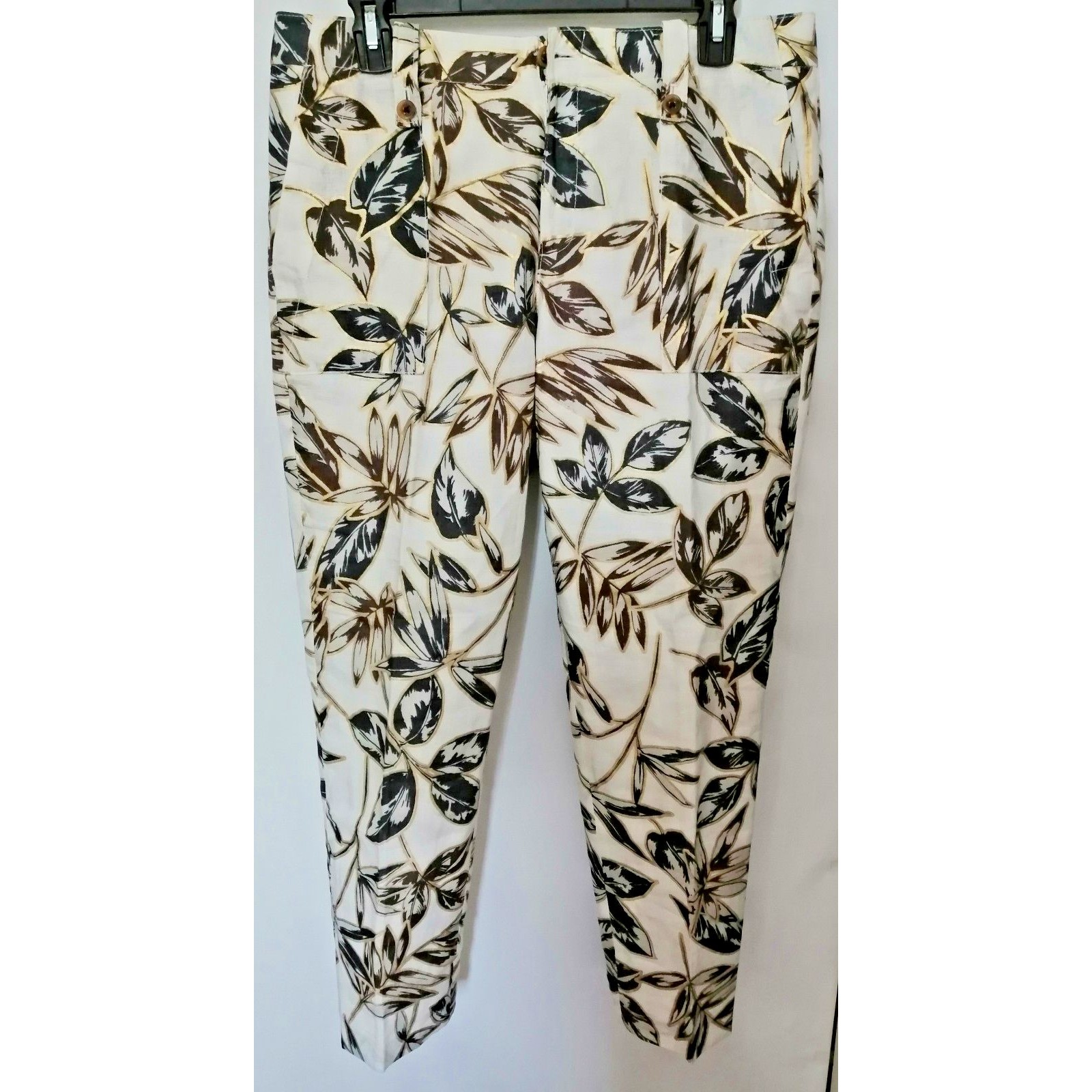 J.Crew Women 8 Linen Ankle Pants Lined Leaf Metallic Gold Print Navy White